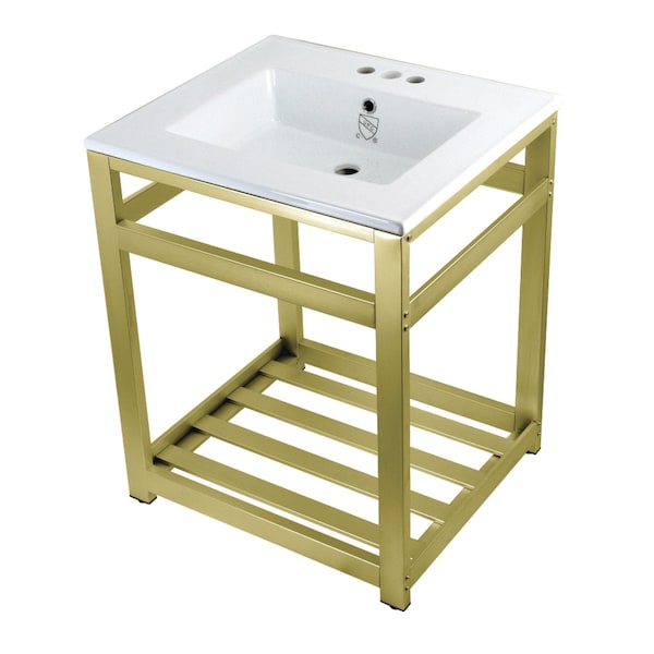 Fauceture VWP2522W4A7 25-Inch Ceramic Console Sink (4-Inch, 3-Hole), White/Brushed Brass VWP2522W4A7 - main